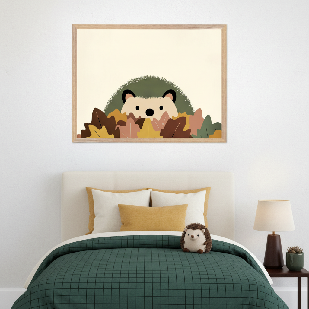 Modern bedroom with a bed featuring a cream headboard and green duvet. A framed illustration of a cartoon hedgehog peeking from autumn leaves hangs above the bed. A plush hedgehog toy rests on the bed.
