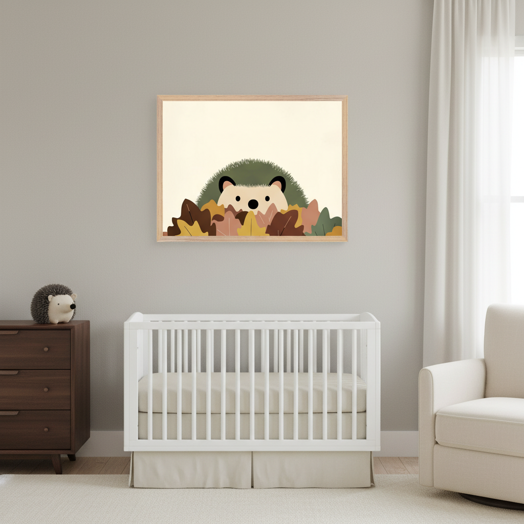Modern nursery with light gray walls, a white crib, dark wood dresser, and cream armchair. A light wood framed print of a cartoon hedgehog peeking from colorful autumn leaves hangs centered above the crib.