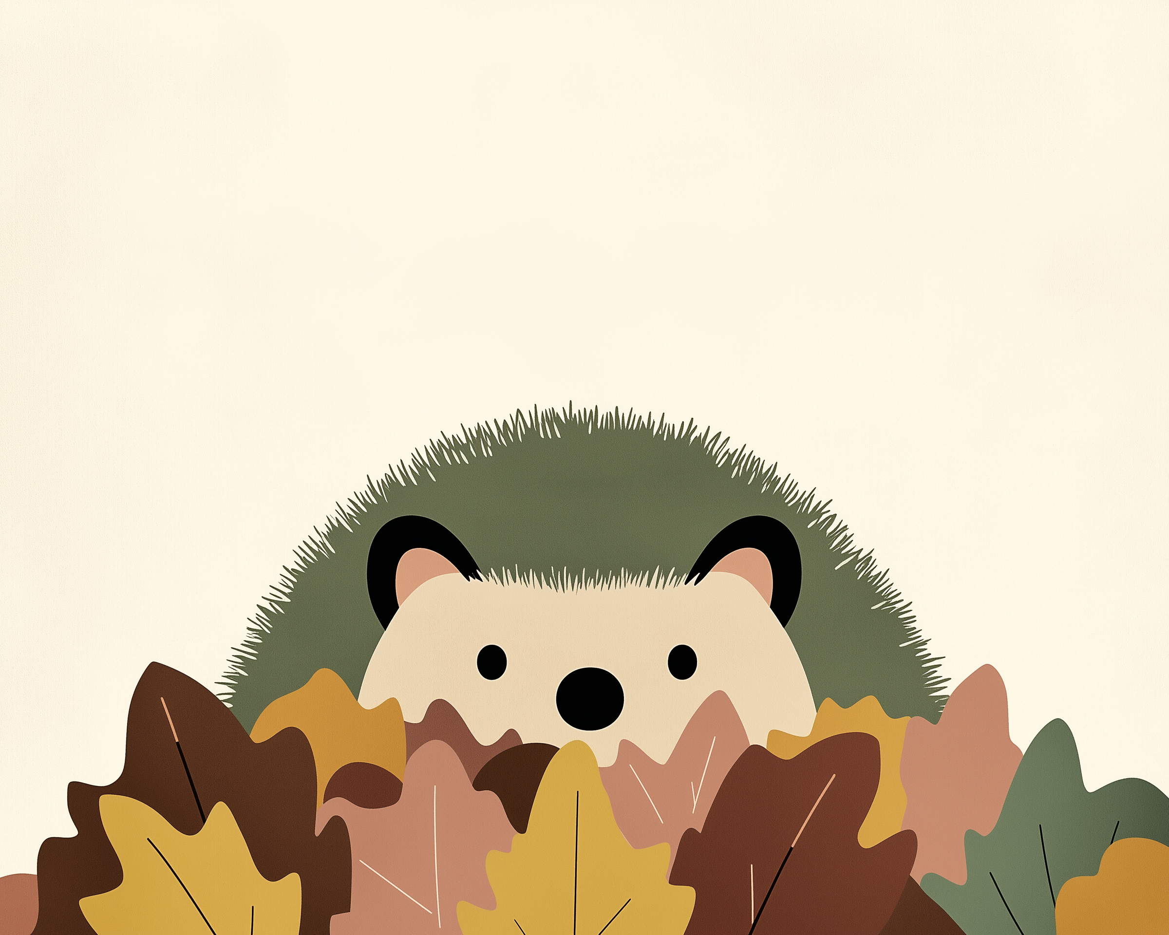 A cute illustration of a hedgehog peeking over a pile of colorful autumn leaves, with its spiky green back and round eyes visible against a light beige background.