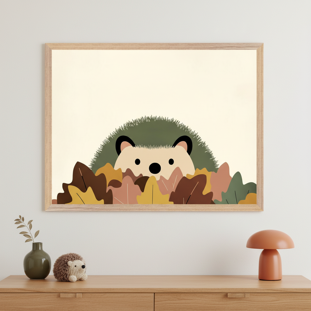 Framed illustration of a cute hedgehog peeking out from a pile of stylized autumn leaves in warm tones of brown, mustard, and rust. The minimalist setup includes a plush hedgehog toy, a green vase with a twig, and a terracotta mushroom-shaped lamp on a light wood dresser beneath the artwork.