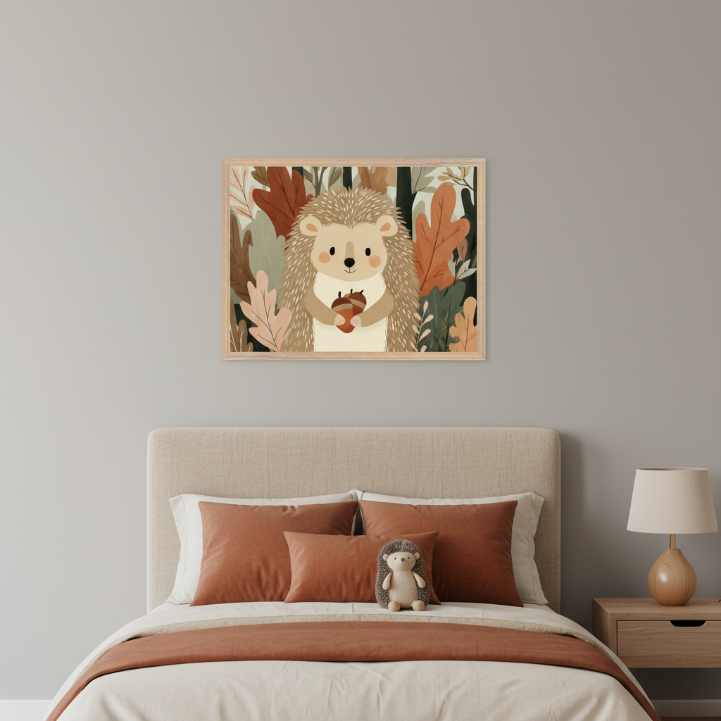 Modern bedroom with a beige upholstered bed. A framed cartoon print of a hedgehog holding an acorn amidst autumn leaves hangs above the bed. A matching plush hedgehog sits on the bed, with a nightstand and lamp to the right.