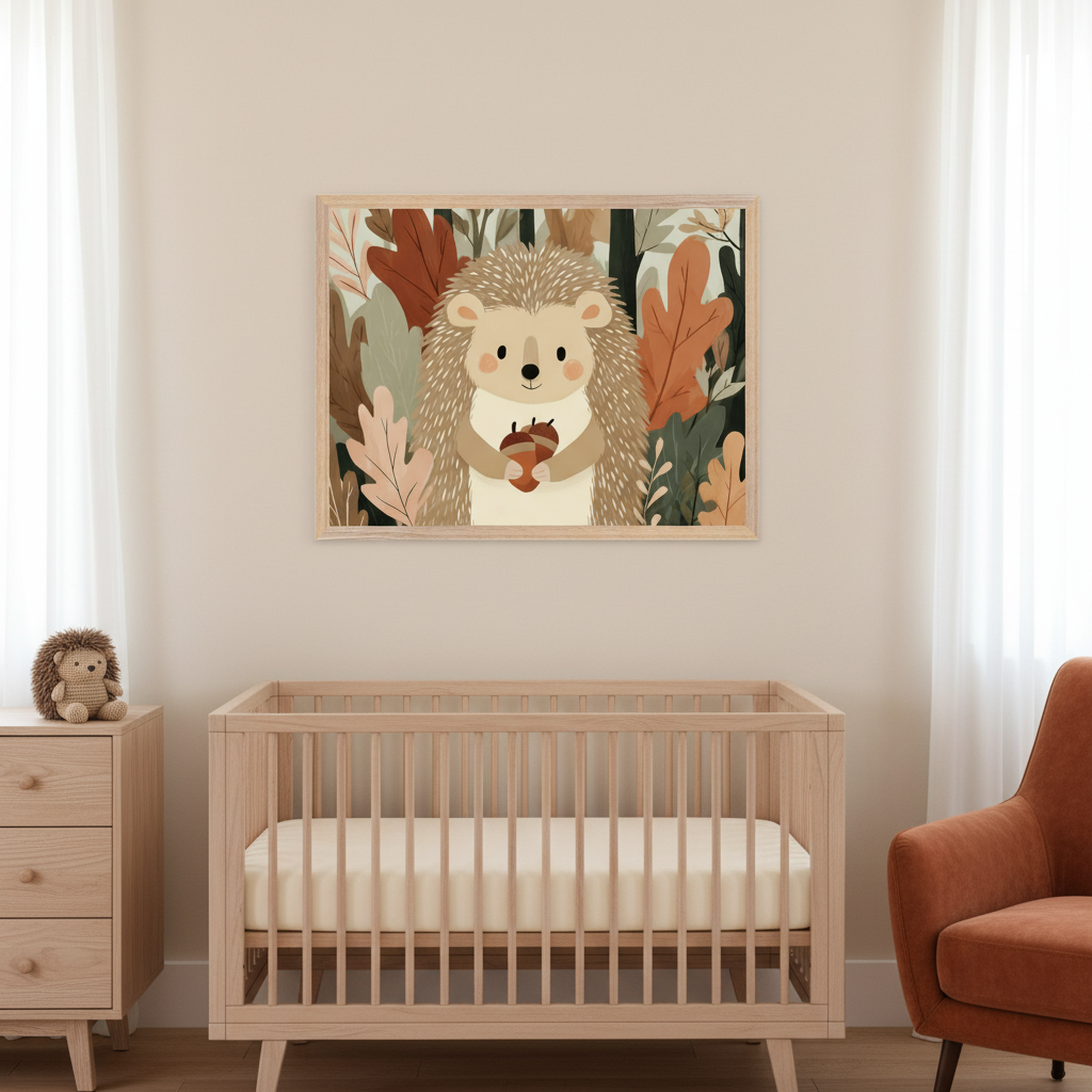 Modern nursery with a light wood crib and dresser. A large framed print of a cartoon hedgehog holding an acorn, surrounded by autumn leaves, hangs above the crib. An orange armchair is partially visible on the right.