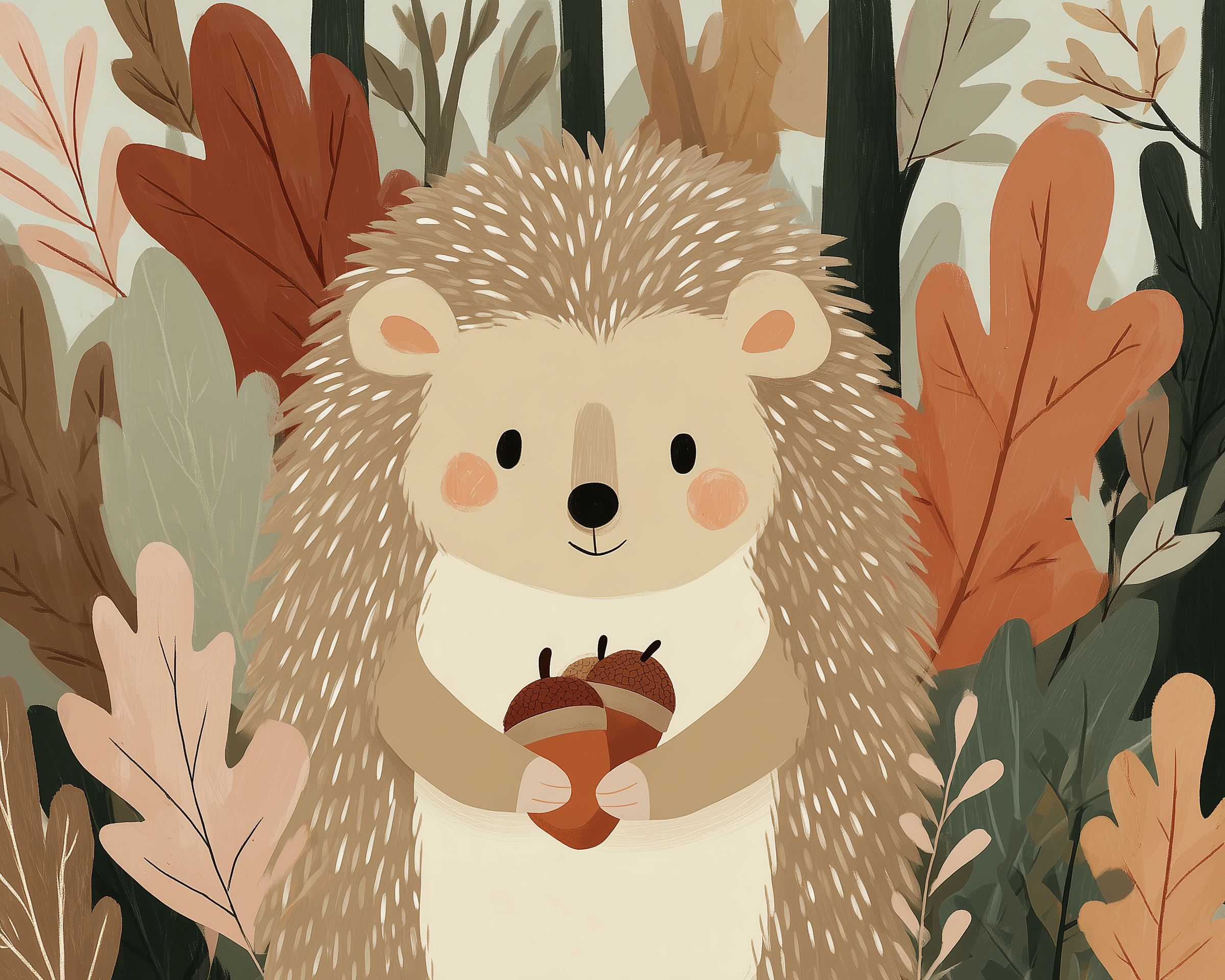 A cute illustrated hedgehog holding two acorns stands amidst a backdrop of autumn leaves in warm shades of brown, orange, and green.