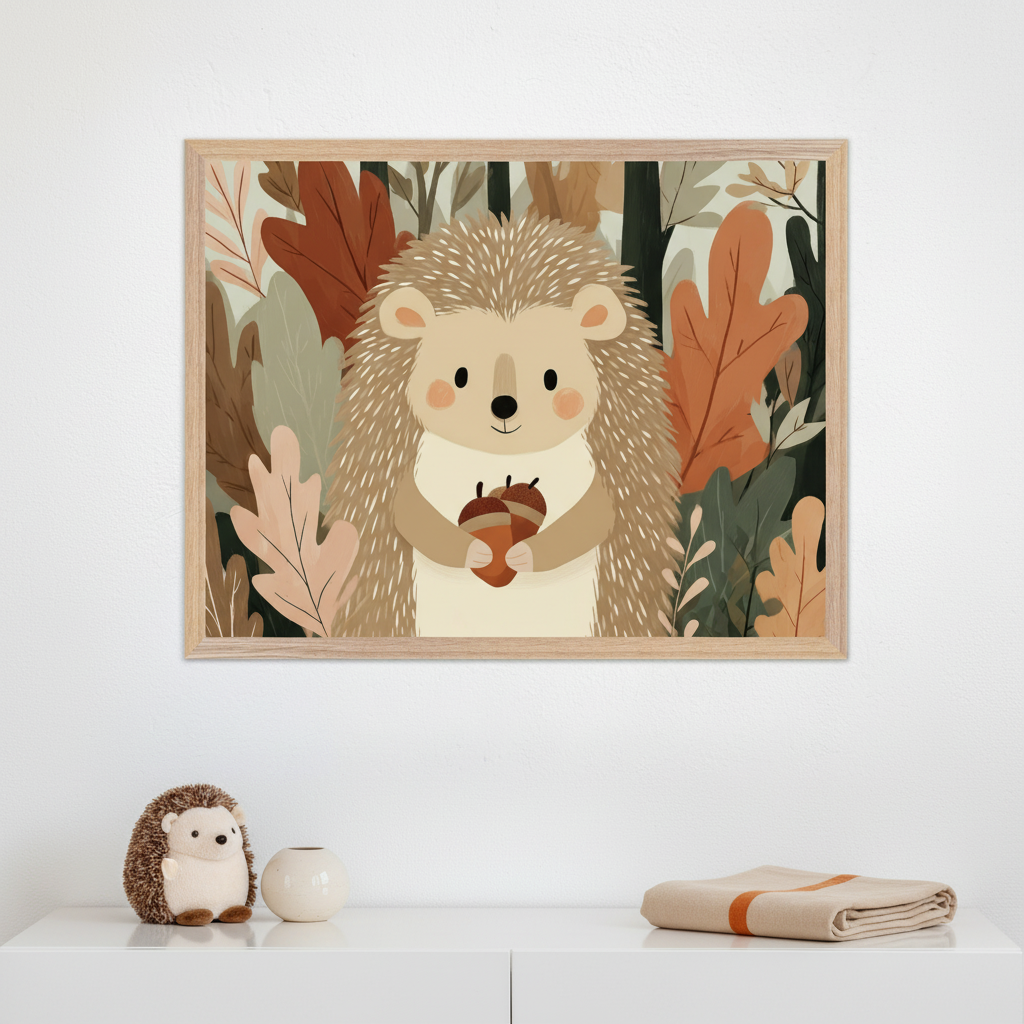 Framed illustration of a cute hedgehog holding an acorn, standing against a backdrop of autumn foliage in earthy tones. The artwork is hung above a white cabinet decorated with a plush hedgehog toy, a small ceramic vase, and a folded beige blanket.