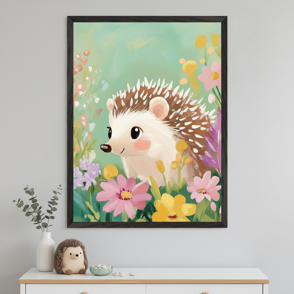 Modern room with a white dresser. A black-framed illustrative painting of a friendly hedgehog in colorful flowers with a light green background hangs centered above the dresser. A plush hedgehog and a vase are on the dresser.