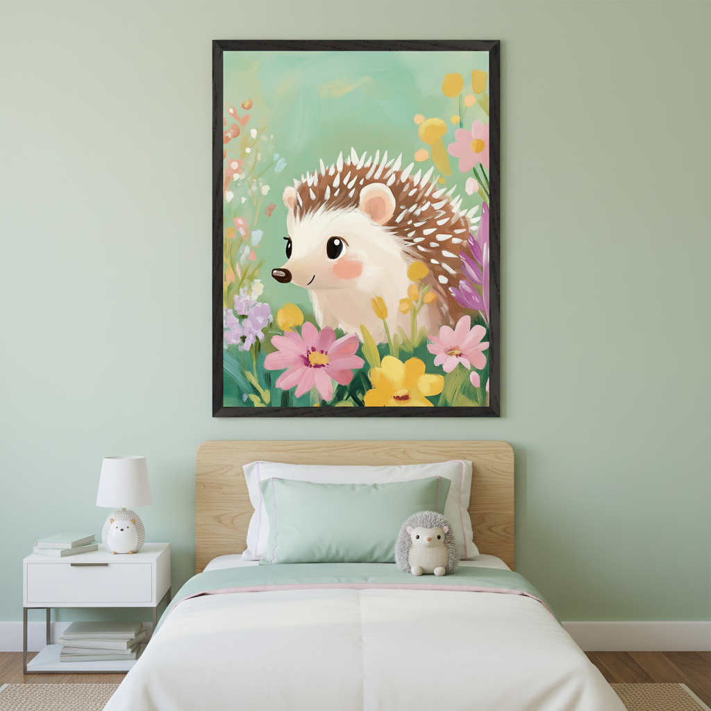 Kid's bedroom with mint green walls and a twin bed with a light wood headboard. A large framed painterly print of a cute hedgehog in a field of colorful flowers hangs above the bed. A white nightstand with a hedgehog lamp is to the left.