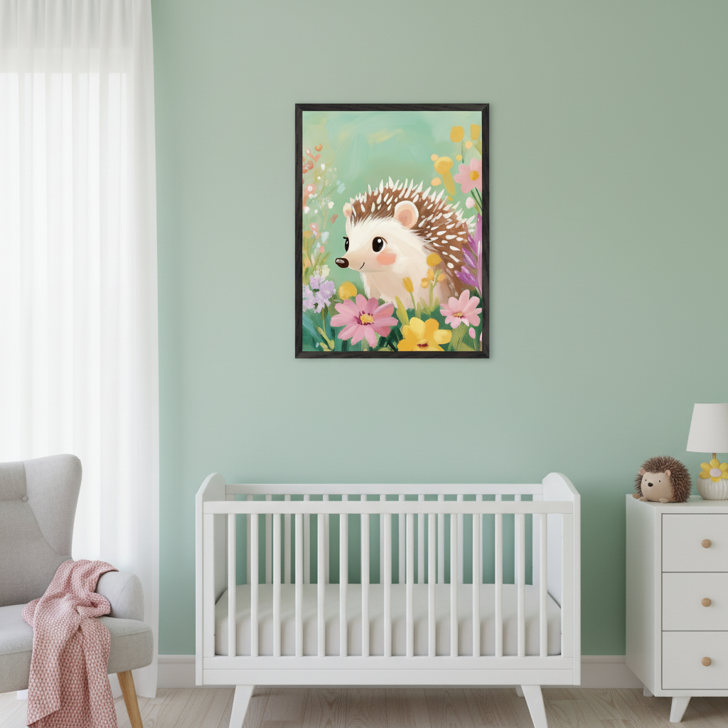 Modern nursery with a white crib, gray armchair, and white dresser. Above the crib, a black-framed illustration of a smiling hedgehog surrounded by colorful flowers hangs on a light green wall.
