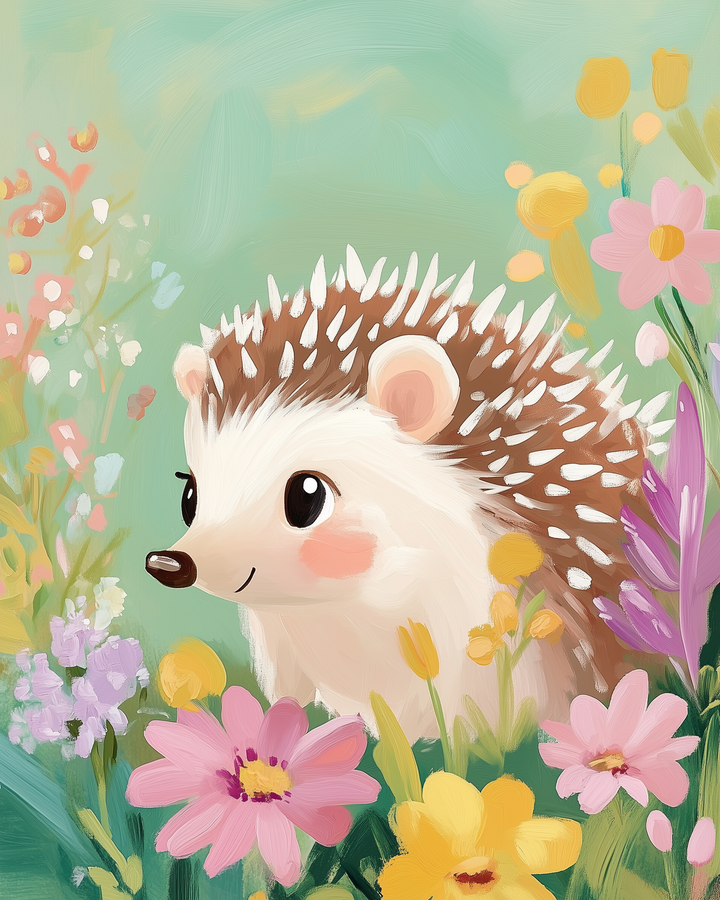 A cute illustration of a hedgehog with rosy cheeks, surrounded by vibrant flowers in shades of pink, yellow, and purple, set against a soft green background.