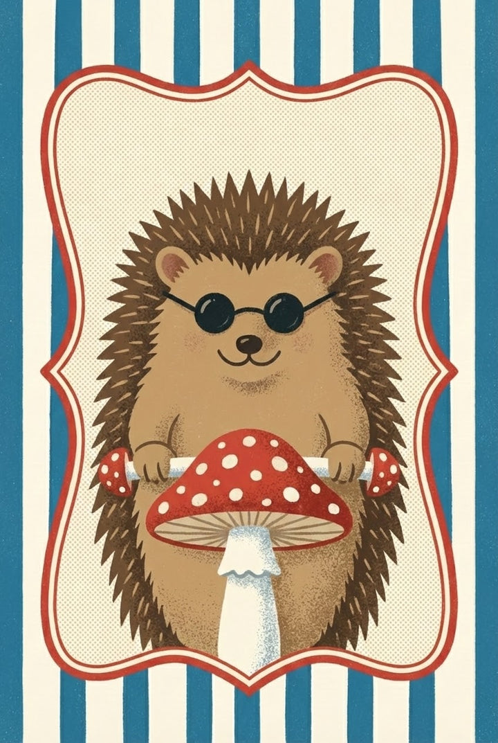 Illustration of a hedgehog wearing black sunglasses and holding a large red and white spotted mushroom like motorcycle handlebars, set against a red-framed background with blue and white vertical stripes.