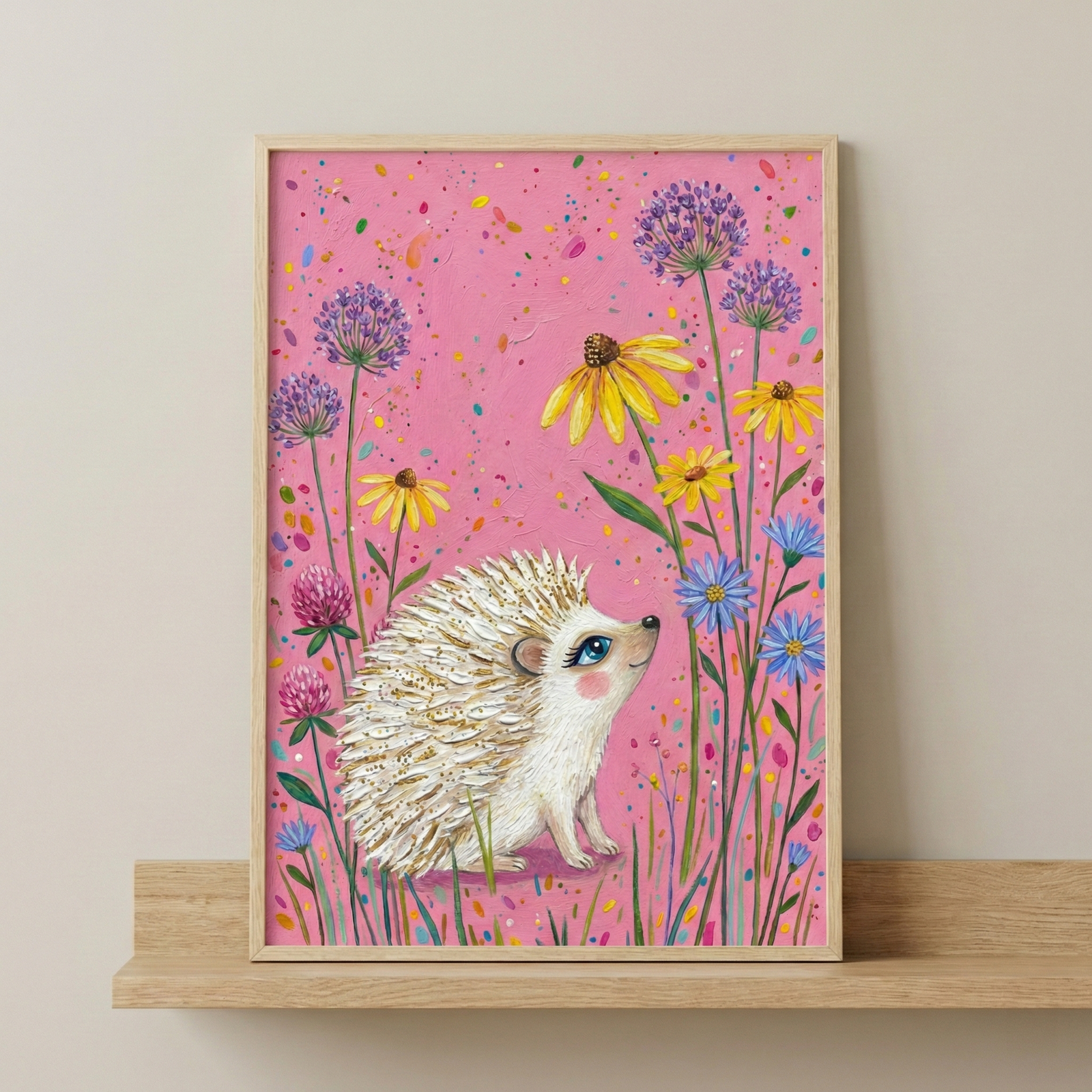 A vertically oriented artwork in a light wooden frame sits on a matching wooden shelf against a neutral beige wall. The central focus is a whimsical white hedgehog with thick, textured quills, large expressive blue eyes with long lashes, and rosy cheeks, looking upwards with a smile. It is surrounded by tall, stylized wildflowers including purple spherical blooms, bright yellow daisies with dark centers, and smaller blue and pink flowers. 