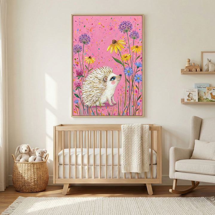 A vertical, rectangular piece of artwork featuring a cute hedgehog is centered on a light-colored wall above a wooden baby crib. The hedgehog is white with cream-colored spines and a pink nose, looking up towards colorful flowers. The background is bright pink with multi-colored splatters. The flowers include yellow, blue, and purple blossoms with green leaves and stems. The frame of the art is a light wood. The crib has a white mattress and a cream-colored knit blanket draped over its side. 
