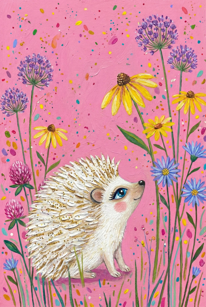 A fluffy white hedgehog with glitter-tipped spines and rosy cheeks smiles up at tall yellow and purple flowers. The pink background is dotted with multicolored paint specks.