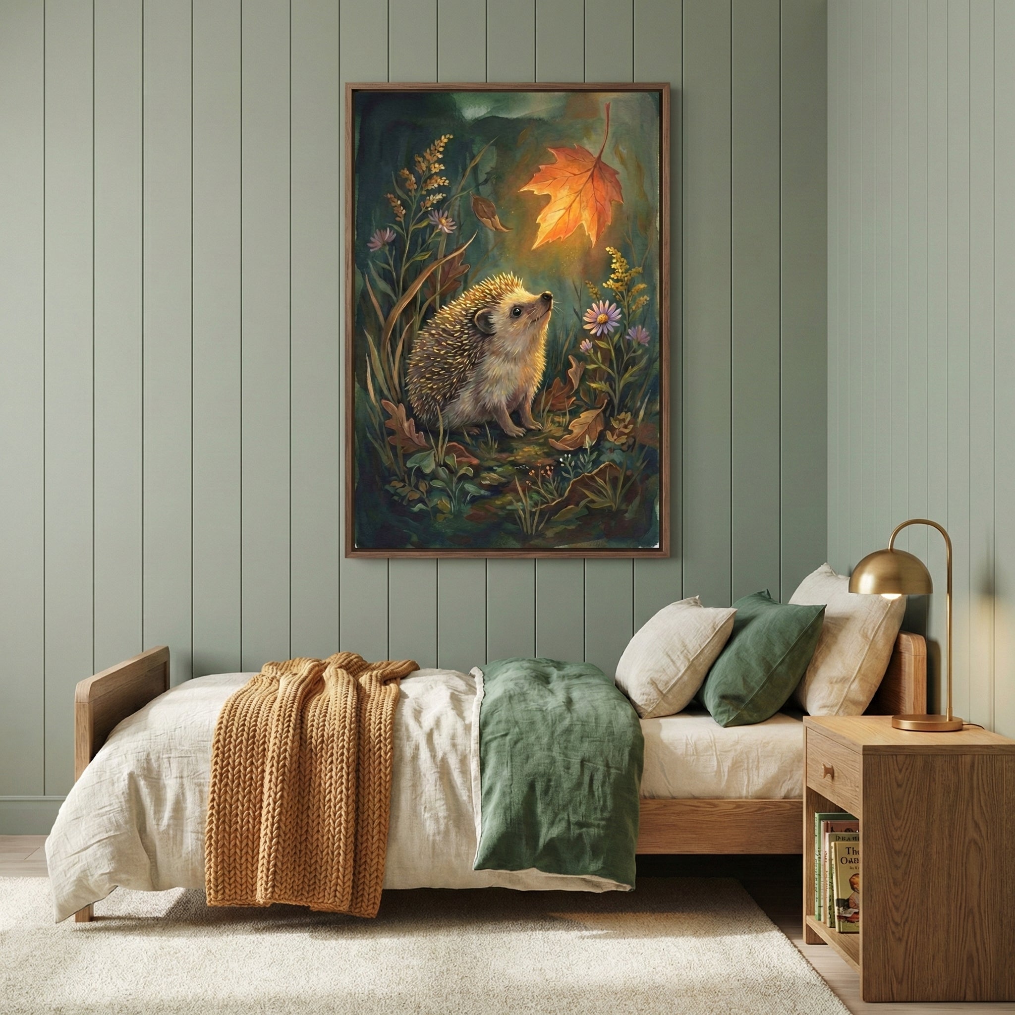 A cozy bedroom features pale green vertical wood-paneled walls and a wooden bed frame. The bed is dressed with light cream linens, a chunky mustard yellow knit throw, and a folded dark green duvet at the foot. Centered above the bed hangs a large, vertical framed artwork depicting a small, detailed hedgehog in a forest looking up at a single, glowing orange leaf suspended in the air. To the right of the bed is a simple wooden nightstand with a brass-colored dome lamp.