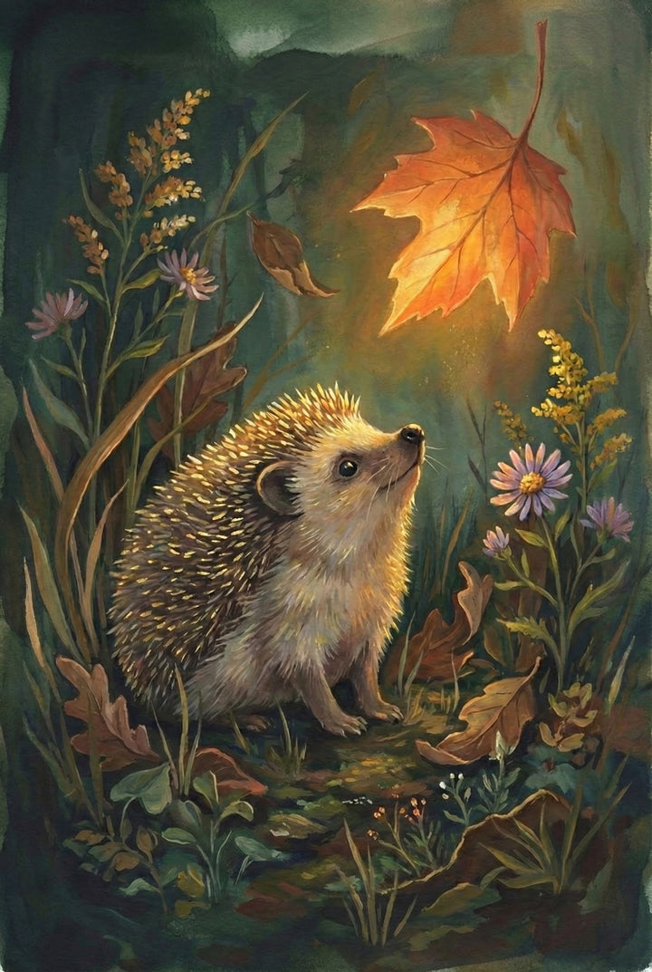A whimsical illustration rendered with soft brushstrokes depicting a small, wide-eyed hedgehog sitting on a forest floor. The hedgehog is looking upward with an expression of wonder at a single, brightly glowing orange autumn leaf that hangs suspended above it. The scene is filled with tall blades of grass, small purple and yellow wildflowers, and scattered brown leaves. Warm, golden light radiates from the floating leaf, illuminating the hedgehog's face and quills against a background of deep, moody greens
