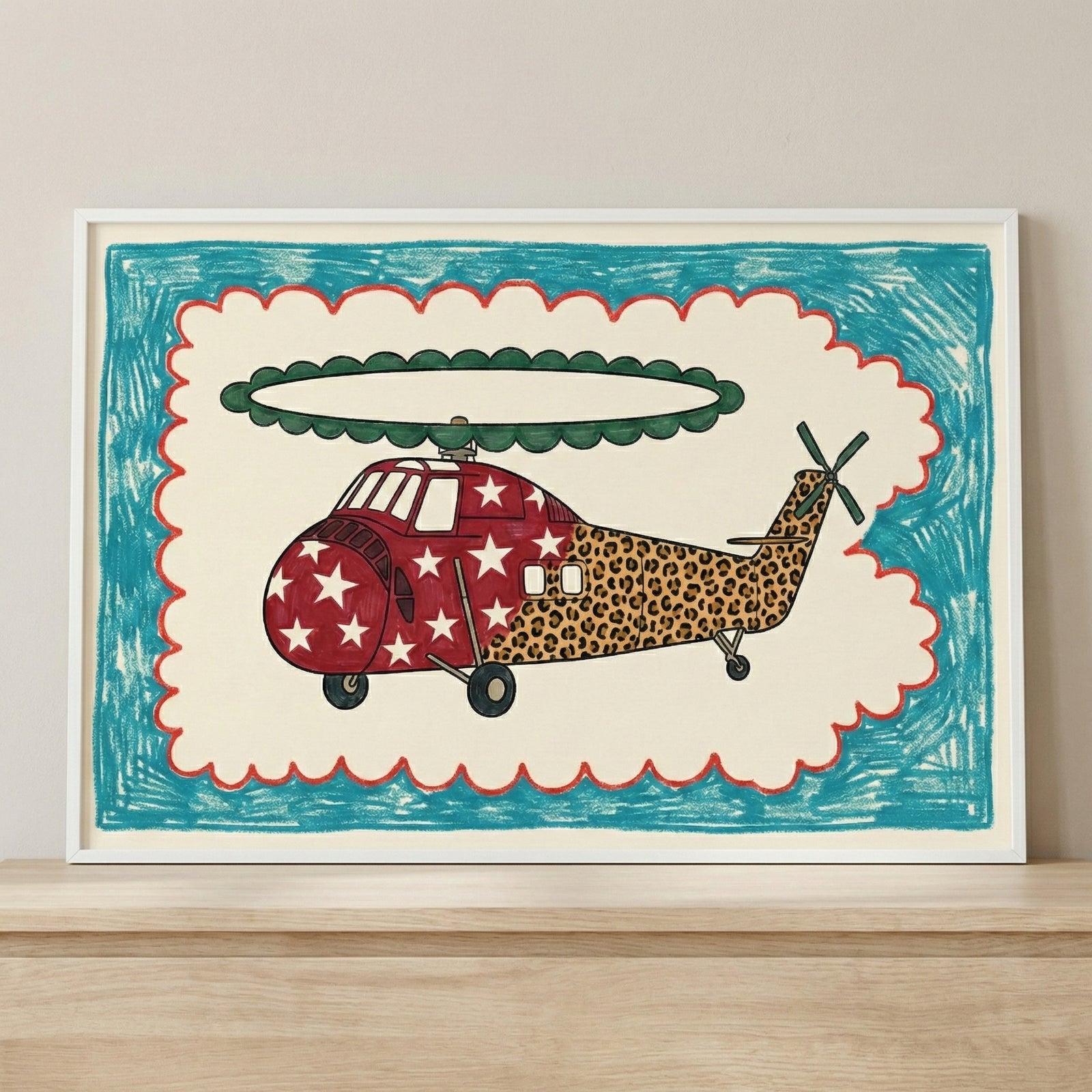 Close-up view of framed helicopter illustration wall art featuring a star-spangled front and leopard-print tail, bordered by bright crayon-like textures. The playful design adds a pop of personality and charm to any wall display.