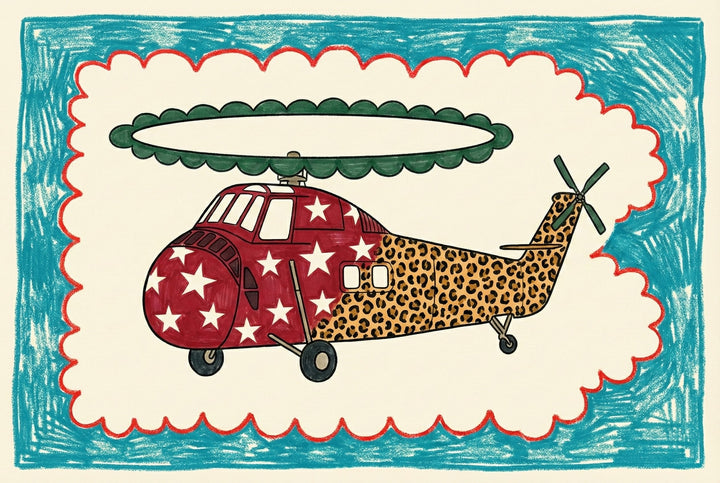 Colorful illustration of a whimsical helicopter featuring a red body with white stars and a leopard-print tail, framed by playful red, blue, and white crayon-like borders. This bold and imaginative design makes a quirky and eye-catching piece of wall art.