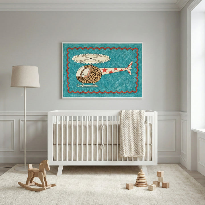 Playful framed print of a leopard-print and red star-decorated helicopter displayed above a white crib in a softly lit nursery, with neutral furnishings and wooden toys on a light rug.