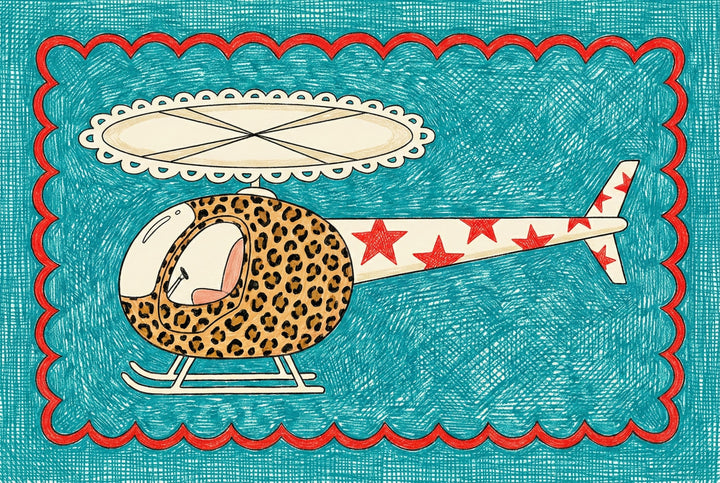 Illustration of a stylized helicopter featuring a leopard-print cockpit and cream tail decorated with red stars, hovering in front of a crosshatched teal background framed with a red scalloped border.