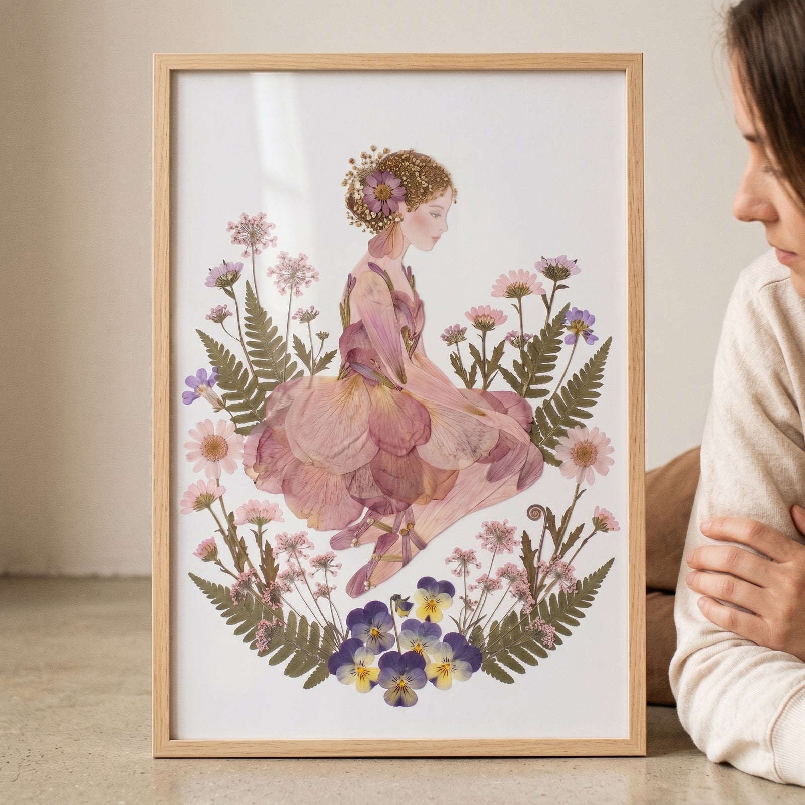 Herbarium pressed petal girl wall art features a ballerina made of pink petals surrounded by pansies, ferns, and blooms.