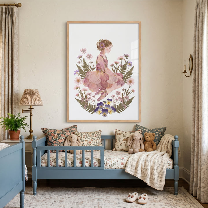 Herbarium pressed petal girl wall art hangs above a blue wooden bed styled with plush toys and pillows in a cozy bedroom.