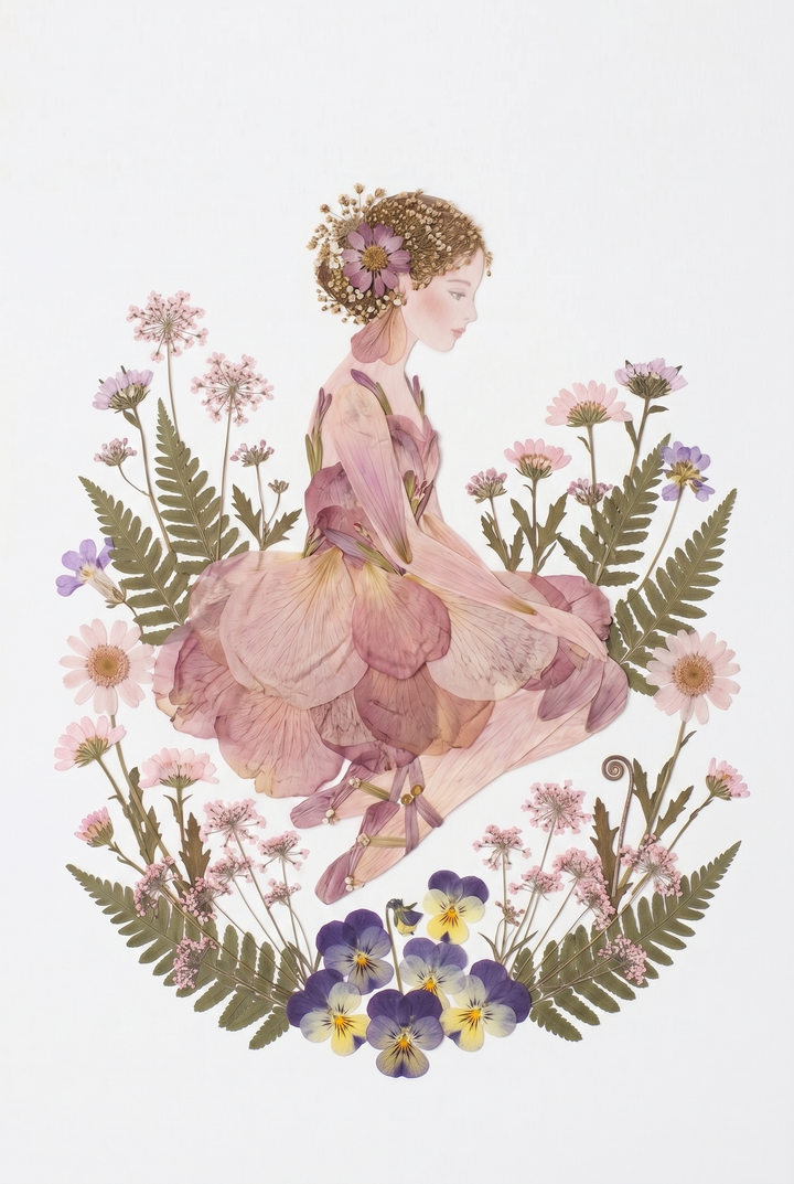 Herbarium pressed petal girl wall art with a woman in a floral dress surrounded by green ferns and pink blossoms.
