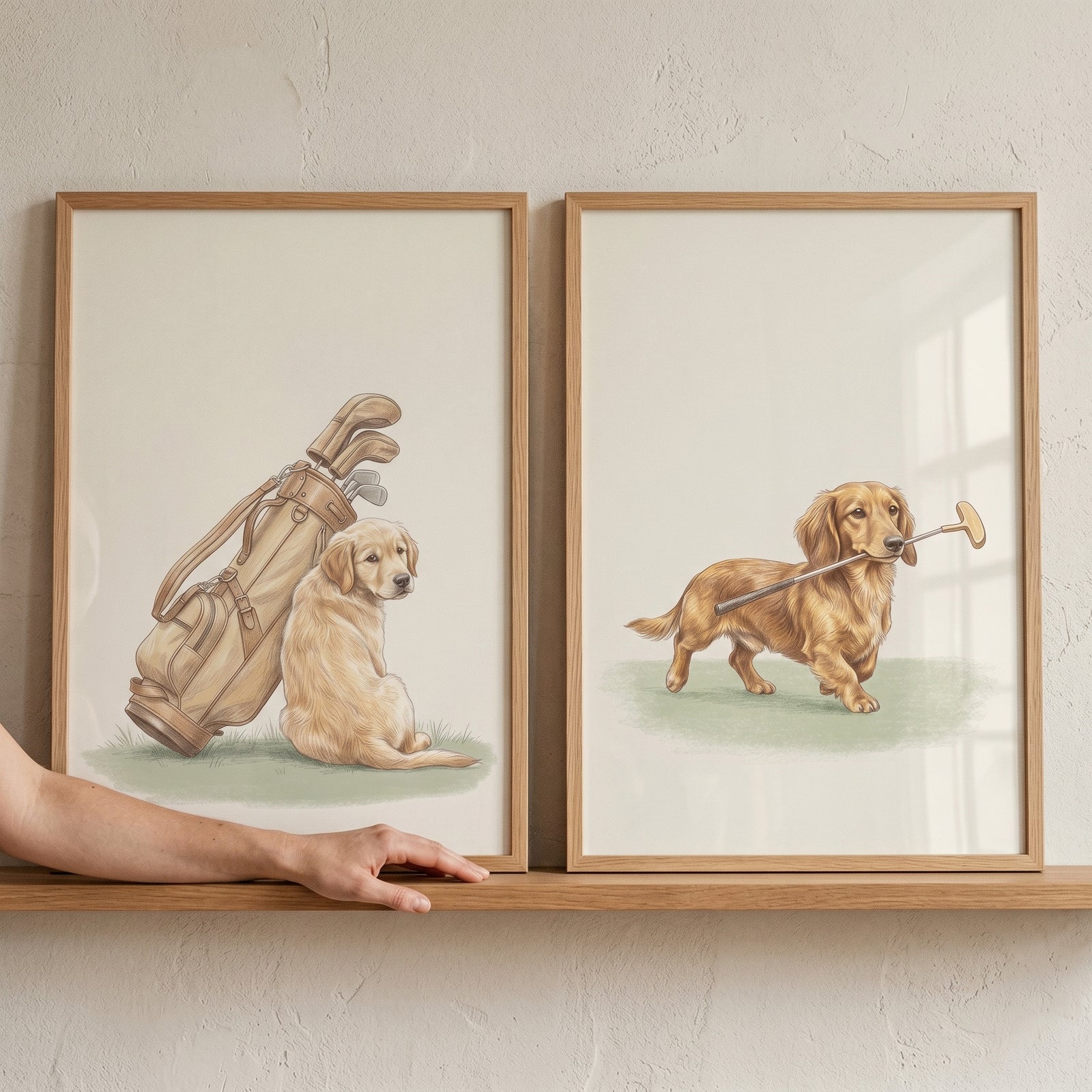 Heritage vintage golfing dogs wall art set of 2 with a golden retriever by a golf bag and a dachshund carrying a putter.