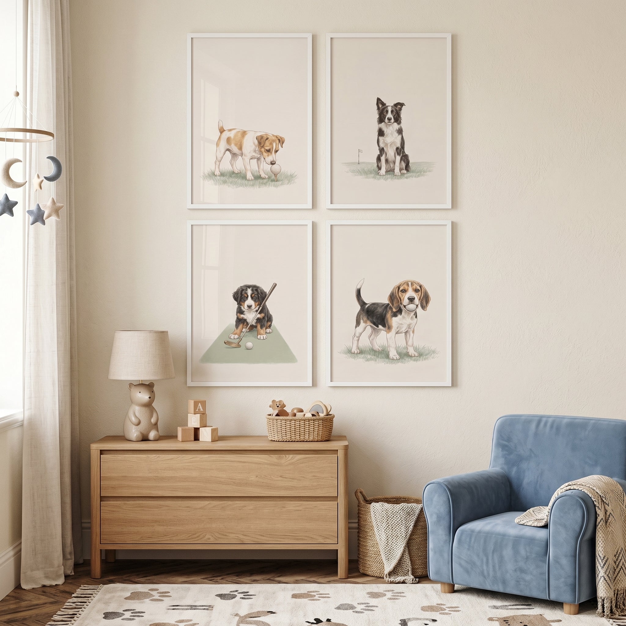 Heritage Watercolor Golfing Dogs Wall Art Set of 4 - Puppy Golf Pros