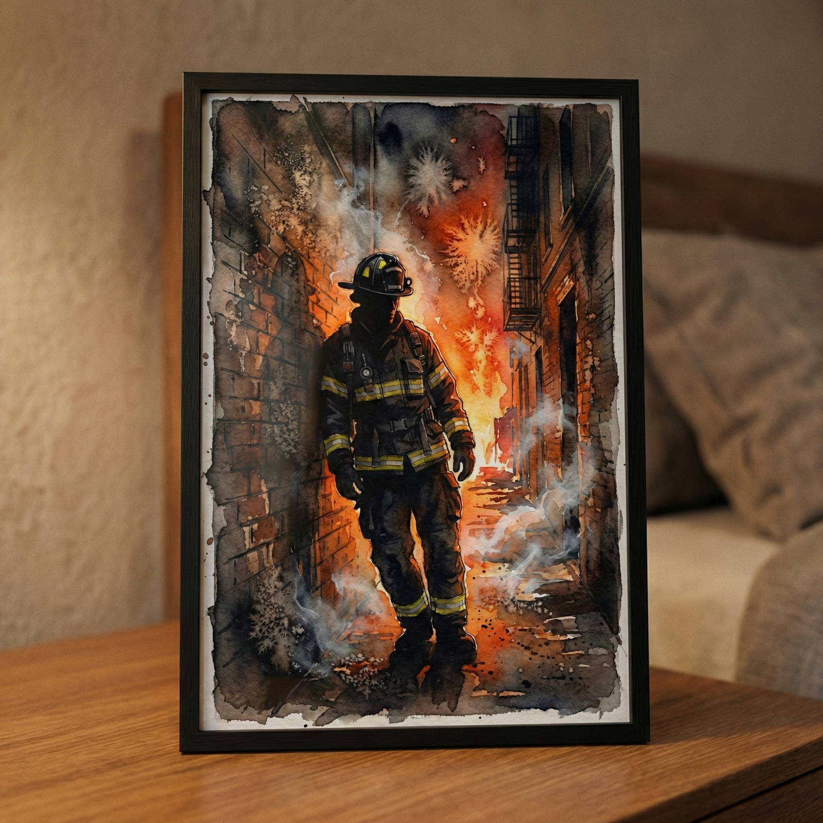 A framed watercolor painting of a firefighter in full gear walking through a burning alleyway sits on a wooden surface. Bright orange flames and drifting smoke surround the figure, creating a strong glow against the dark uniform. The close view highlights the intense fire scene and detailed brush textures of the artwork.