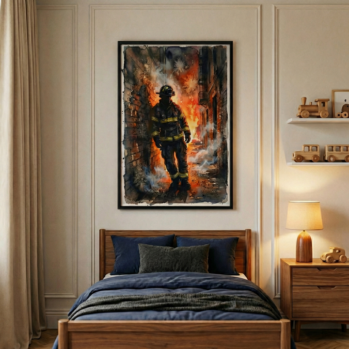 A framed watercolor style painting of a firefighter walking through a narrow alley filled with flames and smoke hangs centered above a wooden bed with dark blue bedding. The room features cream paneled walls, a bedside table with a lamp, and wooden toy cars on wall shelves. The dramatic artwork contrasts with the calm and cozy bedroom setting.