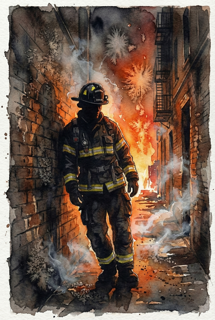 Dramatic watercolor of a firefighter walking down a narrow alley with flames raging at the far end. Smoke curls along brick walls and the scene glows with intense orange light.
