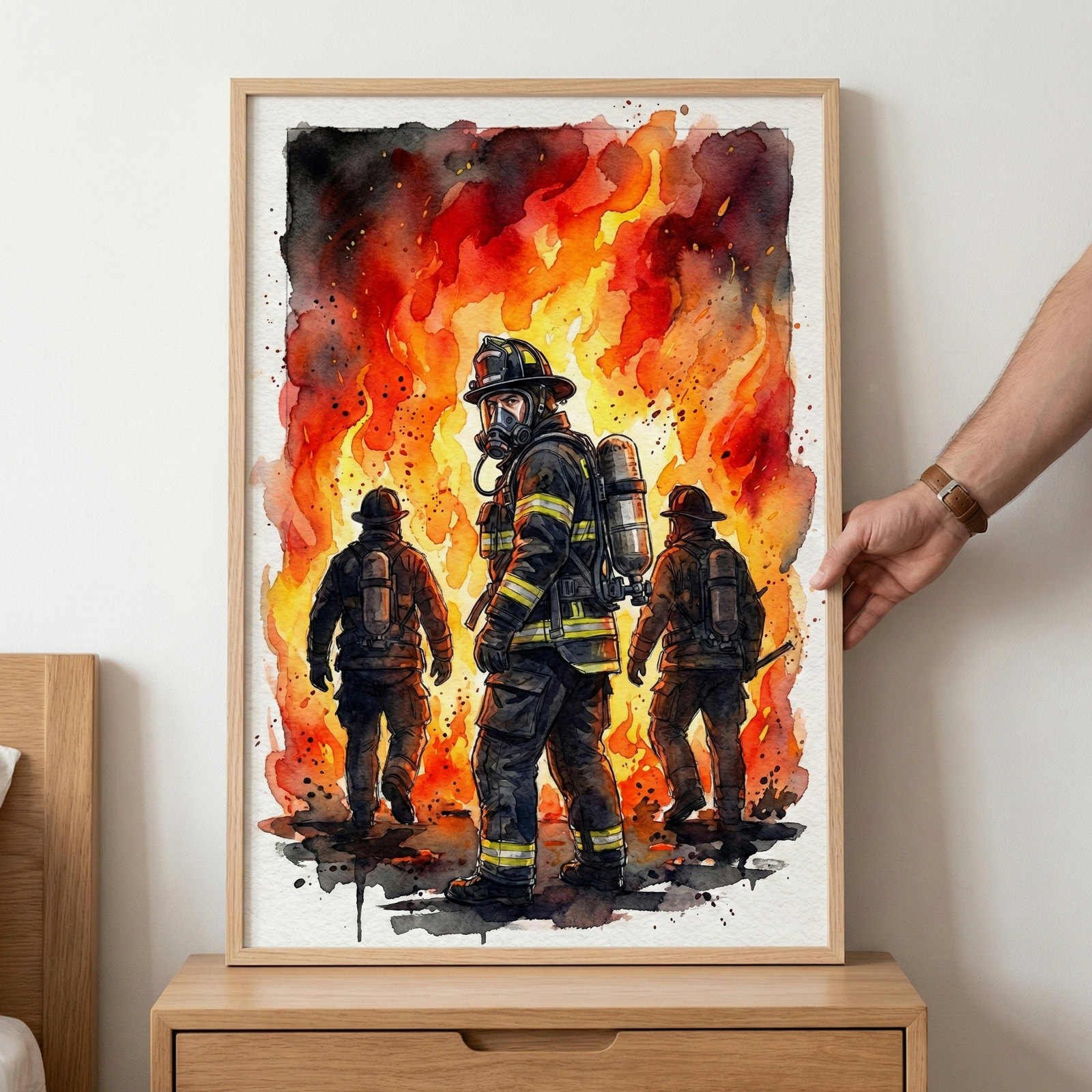 A hand holds a light wood-framed watercolor illustration of three firefighters. The central figure looks back, wearing a helmet and breathing apparatus. Two other figures are depicted from behind, walking into a backdrop of intense, vibrant orange and red flames. The art features a white border and stylized paint splatters. The framed piece is displayed on a wooden nightstand against a plain white wall, capturing a dramatic scene of fire and rescue.