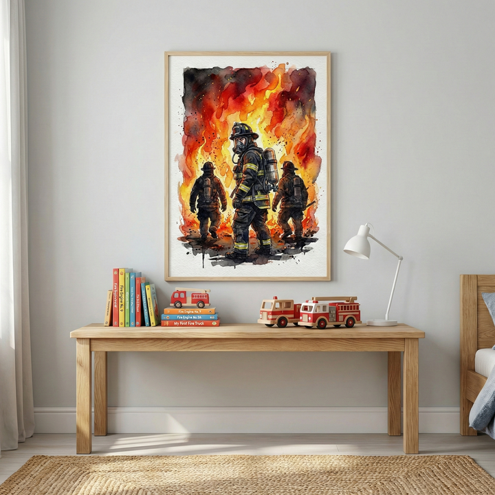 An interior room scene features a piece of framed artwork centered on a light gray wall. The watercolor-style illustration shows three firefighters in protective gear standing amidst vibrant orange and yellow flames. The firefighters are depicted with a sense of action, with the central figure looking toward the viewer. Below the frame sits a light wood console table. On this table is a stack of colorful books, along with several wooden toy fire trucks. 