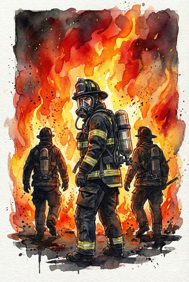 Illustration of three firefighters standing before a massive wall of fire, one turning slightly toward the viewer while wearing a breathing mask. The background is filled with vivid orange and red flames.
