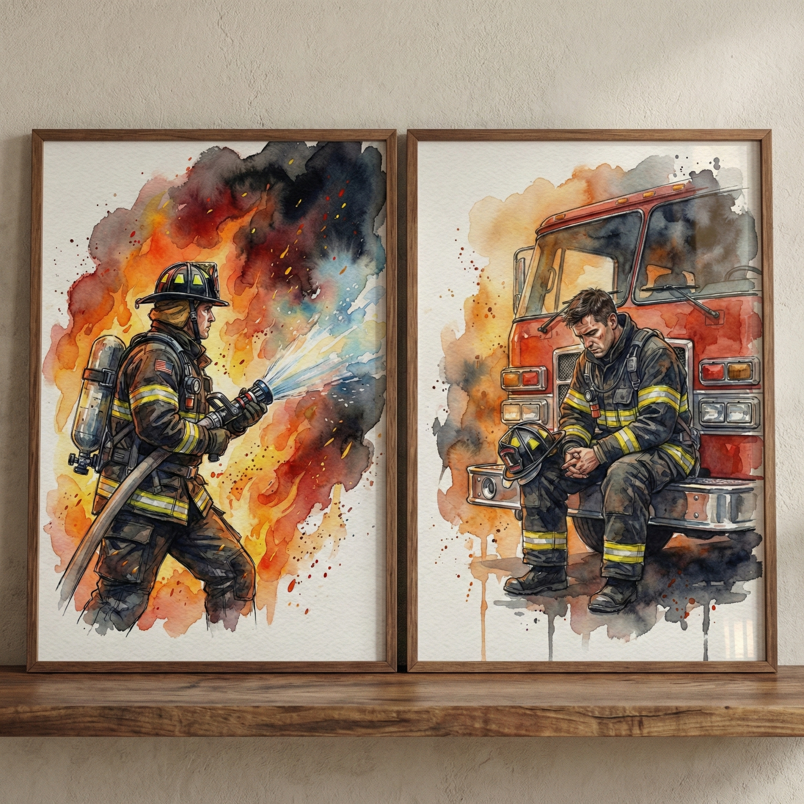 A low-angle shot shows two framed watercolor-style illustrations of a firefighter on a wooden shelf. In the left frame, a firefighter in full gear, including a helmet, oxygen tank, and protective suit, holds a powerful hose, spraying water into intense, swirling flames of orange, yellow, and red. Smoke in shades of gray and blue fills the background. In the right frame, the same firefighter sits dejectedly on the front bumper of a red fire truck, his head bowed and hands clasped. 