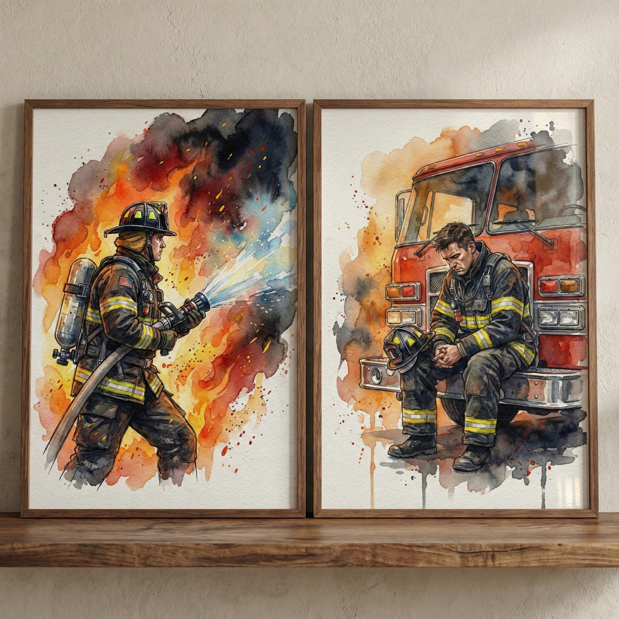 Heroic Firefighter Kids Wall Art Set of 2 - Hero's Heavy Burden