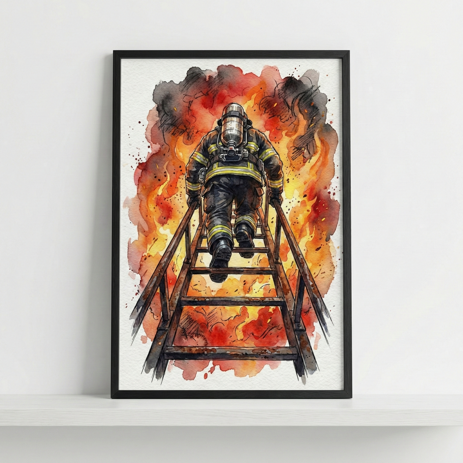 A watercolor-style illustration depicts a firefighter from behind, climbing a metal ladder. The figure wears full protective gear with reflective yellow stripes and carries a silver oxygen tank. They are ascending toward a dramatic scene of intense orange and red flames mixed with billowing dark smoke. Splatters of watercolor dot the background, adding to the dynamic feel. The artwork is presented in a slim black frame, leaning against a white wall on a simple white shelf.