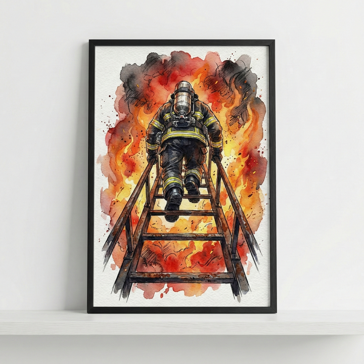 A watercolor-style illustration depicts a firefighter from behind, climbing a metal ladder. The figure wears full protective gear with reflective yellow stripes and carries a silver oxygen tank. They are ascending toward a dramatic scene of intense orange and red flames mixed with billowing dark smoke. Splatters of watercolor dot the background, adding to the dynamic feel. The artwork is presented in a slim black frame, leaning against a white wall on a simple white shelf.