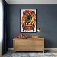 A framed watercolor-style illustration hangs on a dark blue wall above a wooden dresser. The art depicts a firefighter in full gear climbing a wooden ladder into a scene of intense orange and yellow flames and dark billowing smoke. On the light wood dresser below sits a red toy fire engine, a small stack of colorful books, and a brass desk lamp with a golden finish. To the left, a heavy navy blue curtain hangs from the ceiling, and a plush grey shaggy rug covers part of the floor.
