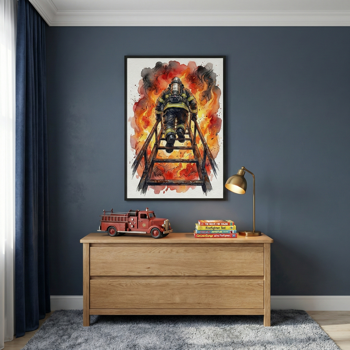A framed watercolor-style illustration hangs on a dark blue wall above a wooden dresser. The art depicts a firefighter in full gear climbing a wooden ladder into a scene of intense orange and yellow flames and dark billowing smoke. On the light wood dresser below sits a red toy fire engine, a small stack of colorful books, and a brass desk lamp with a golden finish. To the left, a heavy navy blue curtain hangs from the ceiling, and a plush grey shaggy rug covers part of the floor.