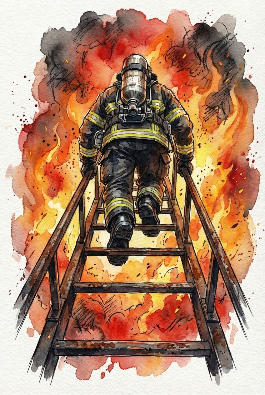 Back view illustration of a firefighter standing in a burned forest facing an advancing wall of wildfire. Charred trees frame the scene as red and orange flames spread across the landscape.
