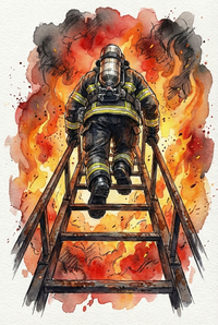 Back view illustration of a firefighter standing in a burned forest facing an advancing wall of wildfire. Charred trees frame the scene as red and orange flames spread across the landscape.
