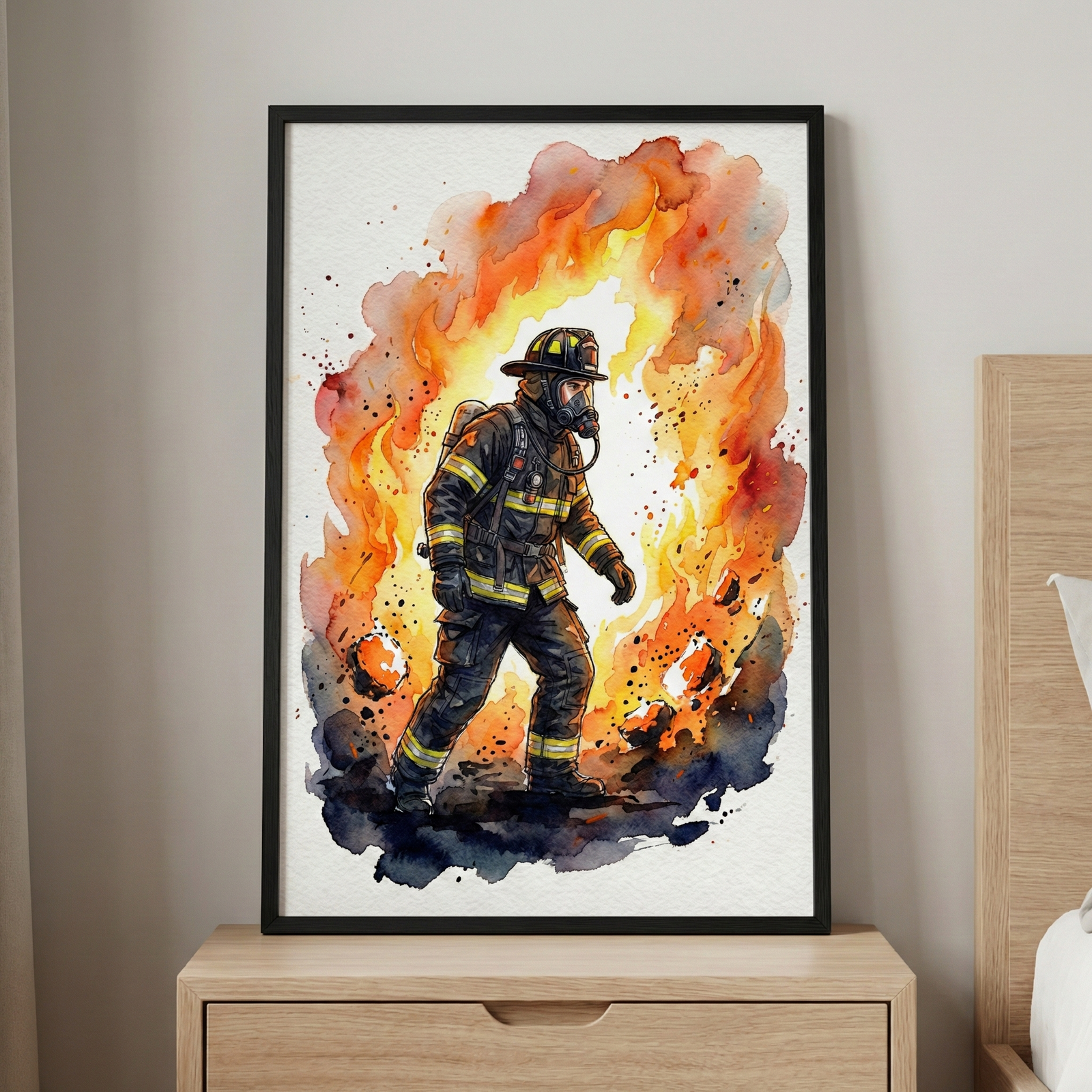 A framed vertical illustration sits on a light-colored wooden nightstand against a neutral wall. The artwork, done in a vibrant watercolor style, depicts a firefighter in full protective gear, including a black helmet, oxygen mask, and a yellow-striped suit, walking through intense orange and yellow flames. The fire forms a dramatic, glowing background around the central figure, with dark, smoky shades of blue and black at his feet representing embers and ash. 