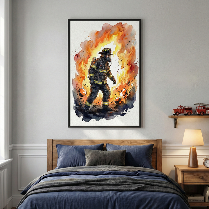 A bedroom features a central framed watercolor illustration of a firefighter in full protective gear walking through a burst of vibrant orange and yellow flames. Below the artwork, a wooden bed is neatly made with dark blue and grey bedding. To the right, a wooden nightstand holds a warm lamp, and a small shelf above it displays two red toy fire trucks. The room has neutral grey walls with white trim and a window on the left side.