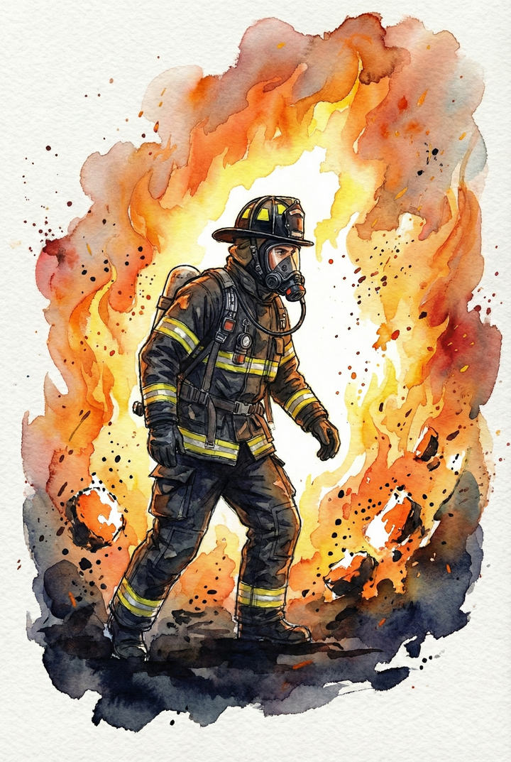 Watercolor illustration of a firefighter in full protective gear walking forward with flames blazing behind him. Bright orange and yellow fire surrounds his figure, highlighting his helmet, breathing mask, and reflective stripes.
