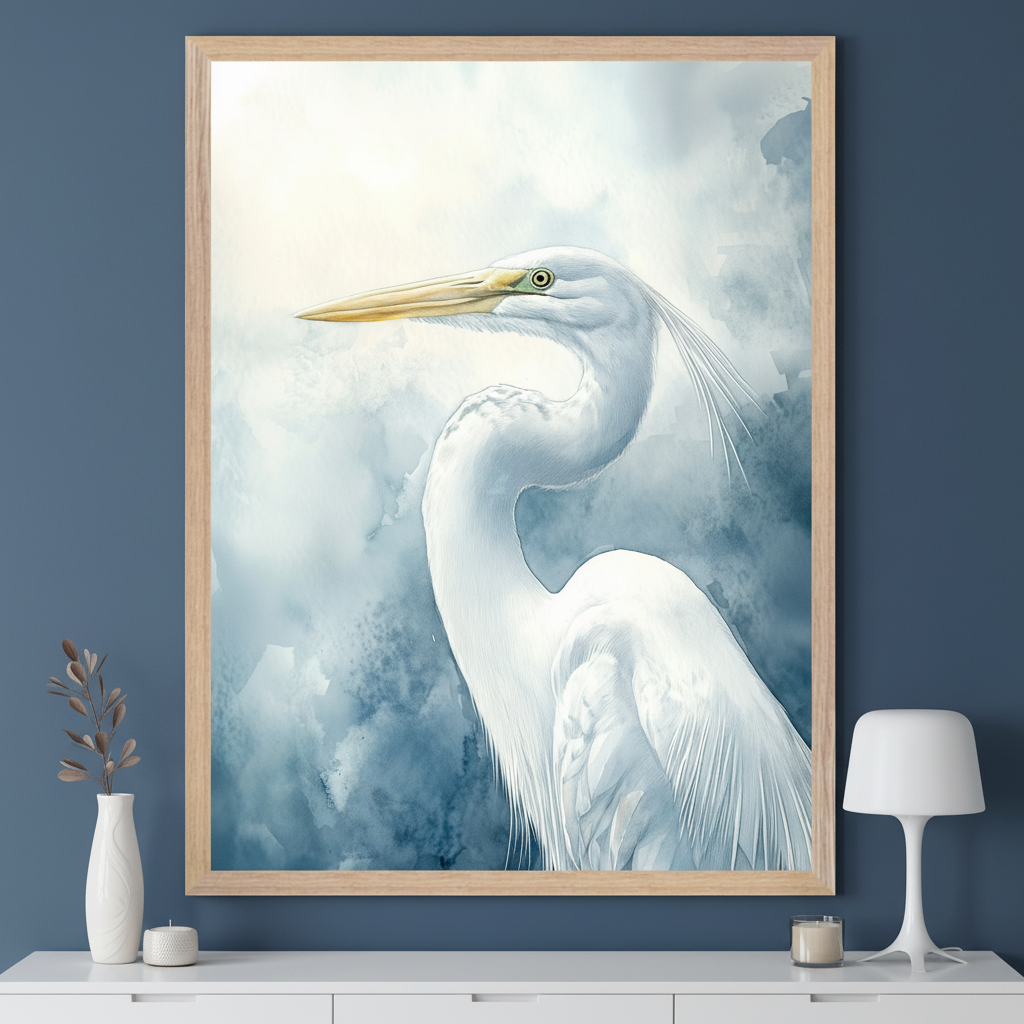 Modern room with a blue wall and white console table. A large, light wood framed watercolor painting of a white great egret with a yellow beak hangs centered above the table.