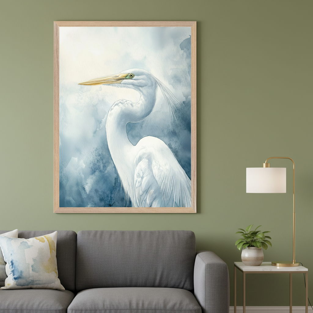 Modern living room with a large framed watercolor print of a white egret on an olive green wall. The print hangs above a gray sofa on the left and an end table with a plant and lamp on the right.
