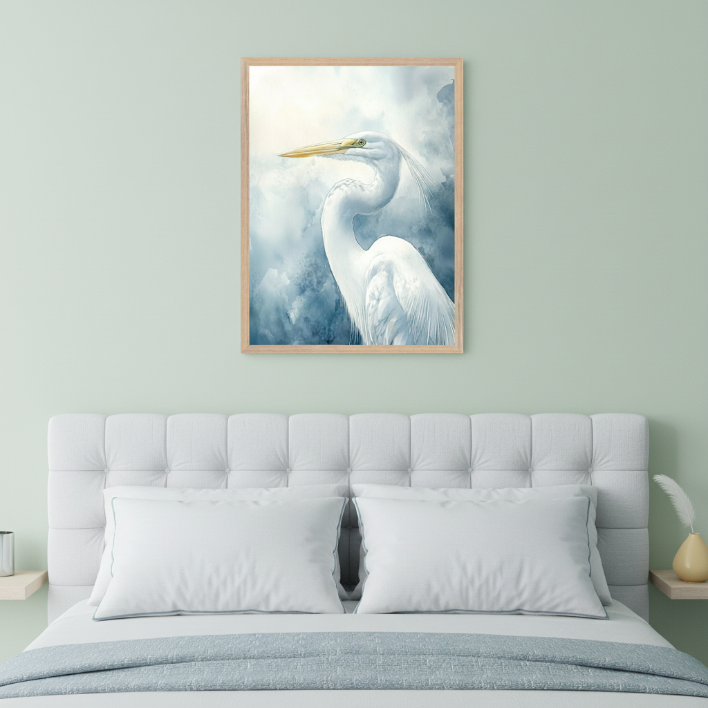 Modern bedroom with a white tufted headboard bed. A framed painting of a white egret with a yellow beak against a blue and white watercolor-style background hangs centered above the bed.