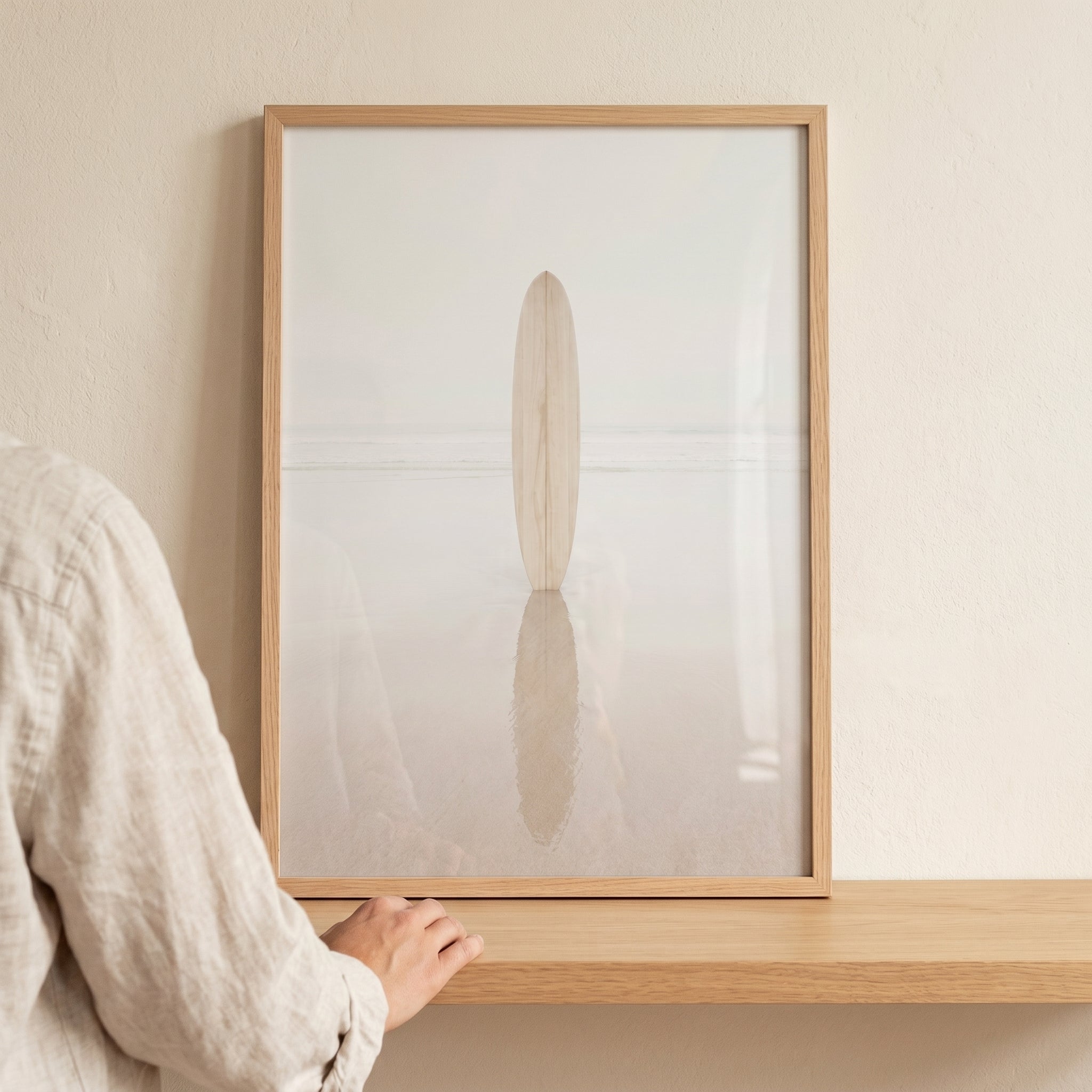 High Key Minimalist Surfboard Wall Art - Shoreline Wood Reflection
