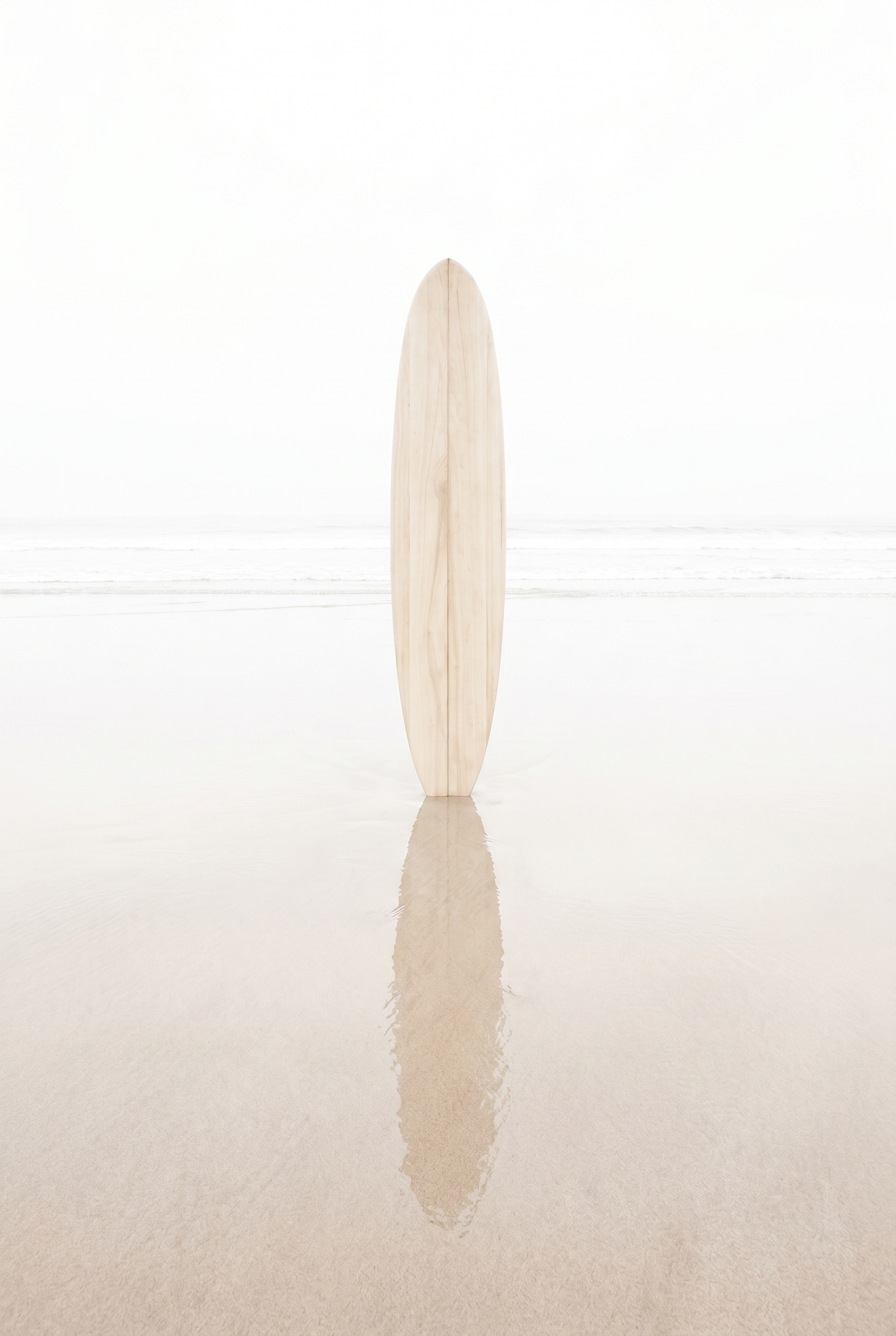 High Key Minimalist Surfboard Wall Art - Shoreline Wood Reflection