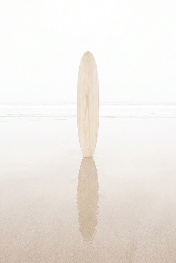 A wooden surfboard stands on a wet beach with a reflection for high key minimalist surfboard wall art.